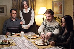 Paul Schneider, Emily Mortimer, Ryan Gosling and Bianca in Lars And the real Girl. Verve Pictures