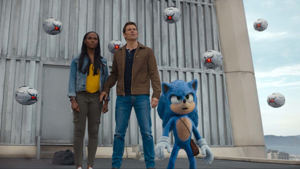 Tika Sumpter as Maddie Wachowski, James Marsden as Tom Wachowski and Sonic (voiced by Ben Schwartz) in Sonic The Hedgehog, directed by Jeff Fowler. Photo: courtesy Paramount Pictures. Copyright: 2020 Paramount Pictures Corporation/Sega of America, Inc. All Rights Reserved.