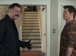 Jim Carrey as Dr Ivo Robotnik and James Marsden as Tom Wachowski in Sonic The Hedgehog, directed by Jeff Fowler. Photo: Doane Gregory. Copyright: 2018 Paramount Pictures Corporation/Sega of America, Inc. All Rights Reserved.