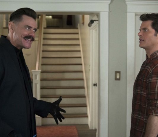 Jim Carrey as Dr Ivo Robotnik and James Marsden as Tom Wachowski in Sonic The Hedgehog, directed by Jeff Fowler. Photo: Doane Gregory. Copyright: 2018 Paramount Pictures Corporation/Sega of America, Inc. All Rights Reserved.