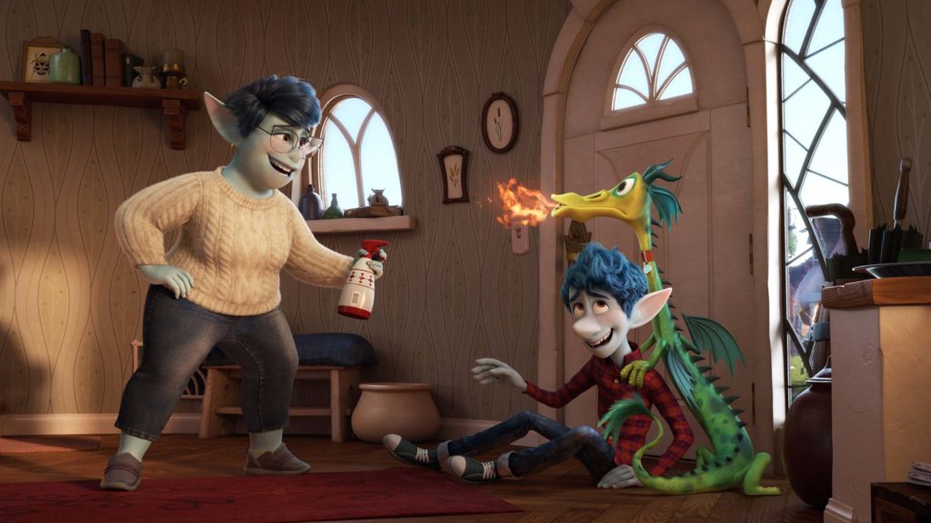 Laurel Lightfoot (voiced by Julia Louis-Dreyfus) and Ian Lightfoot (Tom Holland) in Onward, directed by Dan Scanlon. Photo: courtesy Disney Pixar. Copyright: 2020 Disney Pixar. All Rights Reserved.