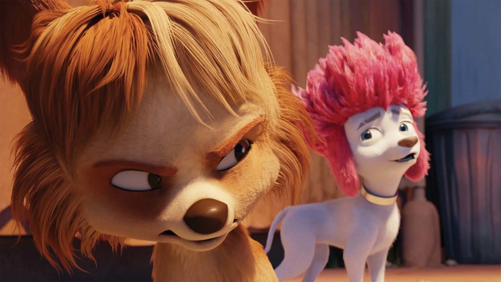 Batty (voiced by Samara Weaving) and Freddy Lupin (Ilai Swindells) in his poodle form in 100% Wolf, directed by Alexs Stadermann. Copyright: Vertigo Releasing. All Rights Reserved.