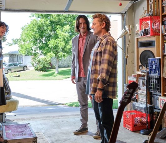 Samara Weaving as Thea, Brigette Lundy-Paine as Billie, Keanu Reeves as Ted Logan and Alex Winter as Bill S Preston in Bill & Ted Face The Music, directed by Dean Parisot. Photo: Patti Perret. Copyright: 2020 Warner Bros. Entertainment. All Rights Reserved.