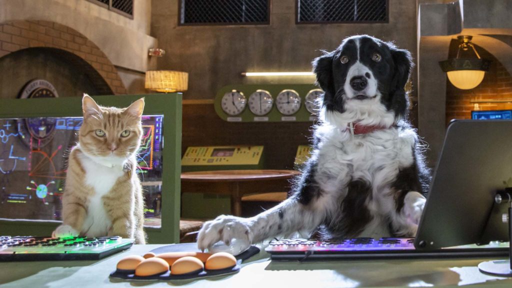 Gwen (voiced by Melissa Rauch) and Roger (Max Greenfield) in Cats & Dogs: Paws Unite!, directed by Sean McNamara. Photo: Ryan Plummer. Copyright: 2020 Warner Bros. Entertainment Inc. All Rights Reserved.