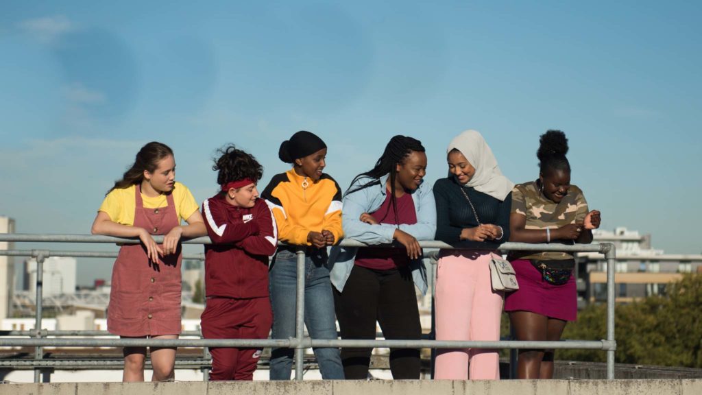 Ruby Stokes as Agnes, Anastasia Dymitrow as Sabina, Kosar Ali as Sumaya, Bukky Bakray as Rocks, Tawheda Begum as Khadijah and Afi Okaidja as Yawa in Rocks, directed by Sarah Gavron. Copyright: Attitude Film Distribution. All Rights Reserved.