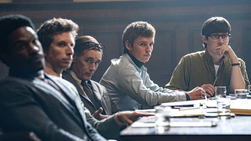 Yahya Abdul-Mateen II as Bobby Seale, Ben Shenkman as Leonard Weinglass, Mark Rylance as William Kuntsler, Eddie Redmayne as Tom Hayden and Alex Sharp as Rennie Davis in The Trial Of The Chicago 7, directed by Aaron Sorkin. Photo: Nico Tavernise. Copyright: 2020 Netflix, Inc. All Rights Reserved.