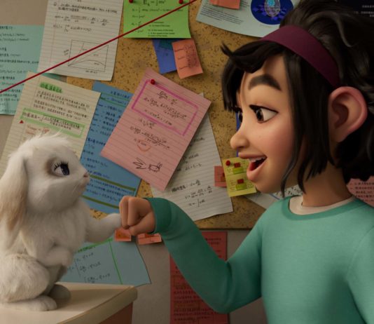 Bungee and Fei Fei (voiced by Cathy Ang) in Over The Moon, directed by Glen Keane and John Kahrs. Copyright: Netflix, Inc. All Rights Reserved.