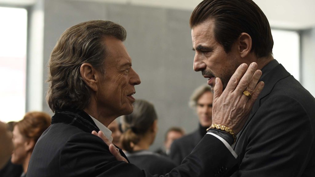 Mick Jagger as Joseph Cassidy and Claes Bang as James Figueras in The Burnt Orange Heresy, directed by Giuseppe Capotondi. Photo: Jose Haro. Copyright: Sony Pictures Classics. All Rights Reserved.