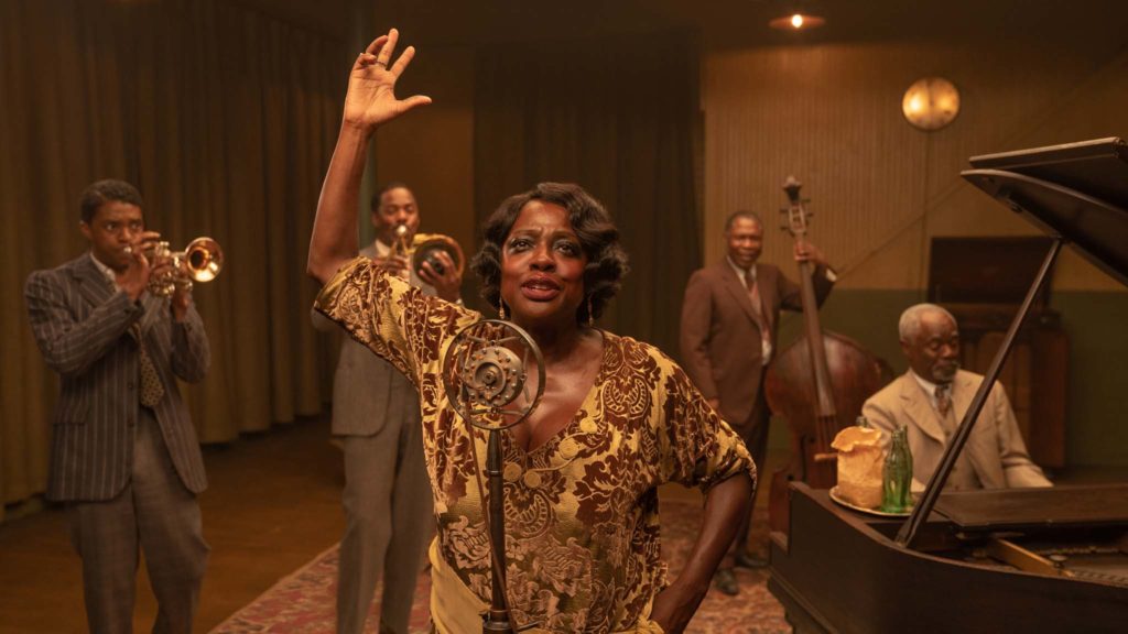 Chadwick Boseman as Levee, Colman Domingo as Cutler, Viola Davis as Ma Rainey, Michael Potts as Slow Drag and Glynn Turman as Toledo in Ma Rainey’s Black Bottom, directed by George C Wolfe. Photo: David Lee. Copyright: 2020 Netflix. All Rights Reserved.