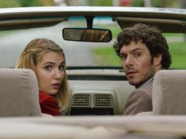Sophie Nelisse as Caroline and Adam Brody as Abe Applebaum in The Kid Detective, directed by Evan Morgan. Copyright: Sony Pictures Releasing. All Rights Reserved.