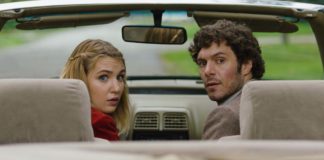 Sophie Nelisse as Caroline and Adam Brody as Abe Applebaum in The Kid Detective, directed by Evan Morgan. Copyright: Sony Pictures Releasing. All Rights Reserved.