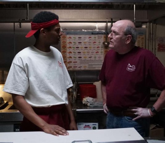 Shane Paul McGhie as Jevon and Richard Jenkins as Stanley in The Last Shift, directed by Andrew Cohn. Copyright: Sony Pictures Releasing. All Rights Reserved.
