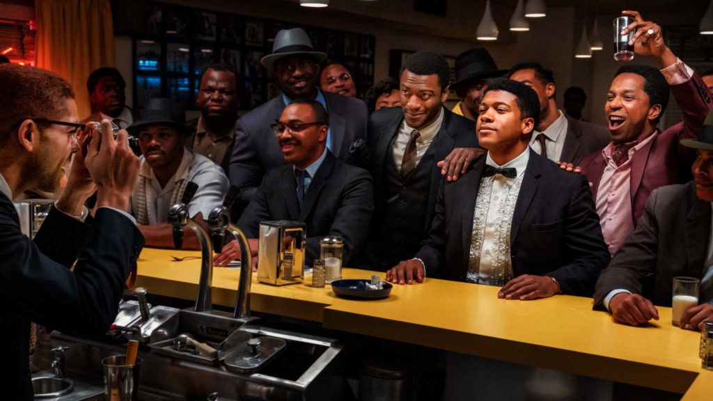Kingsley Ben-Adir as Malcolm X, Aldis Hodge as Jim Brown, Eli Goree as Muhammad Ali and Leslie Odom Jr as Sam Cooke in One Night In Miami..., directed by Regina King. Photo: Patti Perret. Copyright: Amazon Studios. All Rights Reserved.