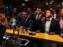 Kingsley Ben-Adir as Malcolm X, Aldis Hodge as Jim Brown, Eli Goree as Muhammad Ali and Leslie Odom Jr as Sam Cooke in One Night In Miami..., directed by Regina King. Photo: Patti Perret. Copyright: Amazon Studios. All Rights Reserved.