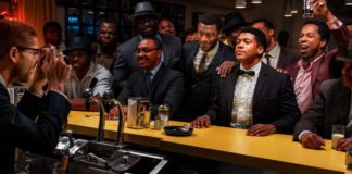 Kingsley Ben-Adir as Malcolm X, Aldis Hodge as Jim Brown, Eli Goree as Muhammad Ali and Leslie Odom Jr as Sam Cooke in One Night In Miami..., directed by Regina King. Photo: Patti Perret. Copyright: Amazon Studios. All Rights Reserved.