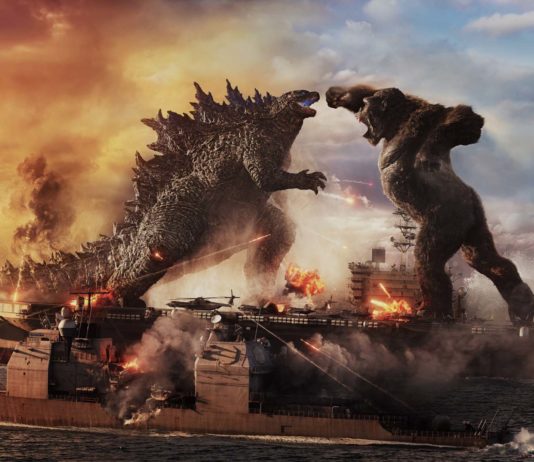 Godzilla battles Kong at sea in Godzilla Vs Kong, directed by Adam Wingard. Copyright: 2021 Legendary And Warner Bros. Entertainment Inc. Godzilla copyright Toho Co., Ltd. All Rights Reserved.