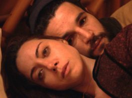 Aubrey Plaza as Allison and Christopher Abbott as Gabe in Black Bear, directed by Lawrence Michael Levine. Copyright: Vertigo Releasing. All Rights Reserved.