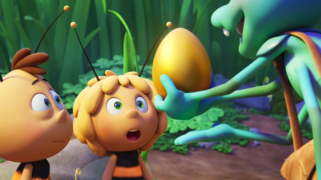 Willi (voiced by Benson Jack Anthony), Maya (Coco Jack Gillies) and Chomp (Tom Cossetini) in Maya The Bee The Golden Orb, directed by Noel Cleary. Copyright: Kaleidoscope Entertainment. All Rights Reserved.