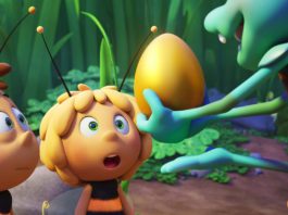 Willi (voiced by Benson Jack Anthony), Maya (Coco Jack Gillies) and Chomp (Tom Cossetini) in Maya The Bee The Golden Orb, directed by Noel Cleary. Copyright: Kaleidoscope Entertainment. All Rights Reserved.