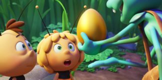 Willi (voiced by Benson Jack Anthony), Maya (Coco Jack Gillies) and Chomp (Tom Cossetini) in Maya The Bee The Golden Orb, directed by Noel Cleary. Copyright: Kaleidoscope Entertainment. All Rights Reserved.
