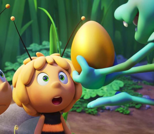 Willi (voiced by Benson Jack Anthony), Maya (Coco Jack Gillies) and Chomp (Tom Cossetini) in Maya The Bee The Golden Orb, directed by Noel Cleary. Copyright: Kaleidoscope Entertainment. All Rights Reserved.