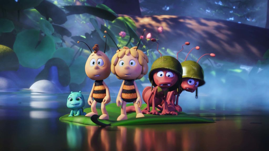 The baby ant princess, Willi (voiced by Benson Jack Anthony), Maya (Coco Jack Gillies), Arnie (David Collins) and Barney (Shane Dundas) in Maya The Bee The Golden Orb, directed by Noel Cleary. Copyright: Kaleidoscope Entertainment. All Rights Reserved.