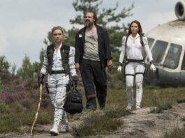 Florence Pugh as Yelena, David Harbour as Alexei and Scarlett Johansson as Black Widow/Natasha Romanoff in Black Widow, directed by Cate Shortland. Photo: Jay Maidment. Copyright: 2021 Marvel Studios. All Rights Reserved.