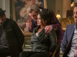 Samuel L Jackson as Darius Kincaid, Antonio Banderas as Aristotle Papadopolous, Salma Hayek as Sonia Kincaid and Ryan Reynolds as Michael Bryce in The Hitman’s Wife’s Bodyguard, directed by Patrick Hughes. Photo: David Appleby. Copyright: Lionsgate Films. All Rights Reserved.