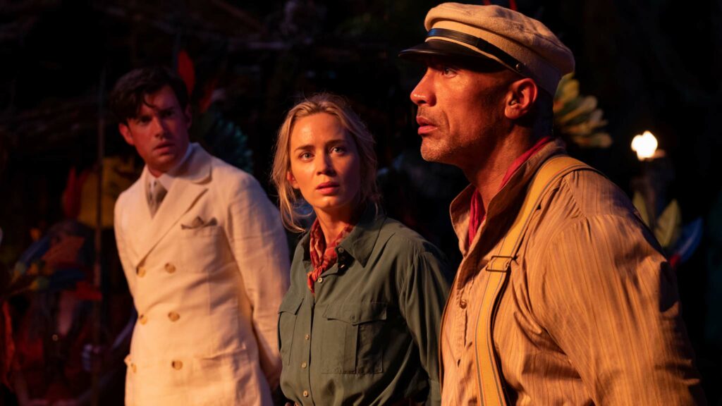 Jack Whitehall as MacGregor Houghton, Emily Blunt as Lily Houghton and Dwayne Johnson as Frank Wolff in Jungle Cruise, directed by Jaume Collet-Serra. Copyright: 2020 Disney Enterprises, Inc. All Rights Reserved.