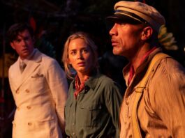 Jack Whitehall as MacGregor Houghton, Emily Blunt as Lily Houghton and Dwayne Johnson as Frank Wolff in Jungle Cruise, directed by Jaume Collet-Serra. Copyright: 2020 Disney Enterprises, Inc. All Rights Reserved.