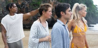 Aaron Pierre as Mid-Sized Sedan, Vicky Krieps as Prisca, Gael García Bernal as Guy and Abbey Lee as Chrystal in Old, directed by M Night Shyamalan. Photo: Phobymo. Copyright: 2021 Universal Studios. All Rights Reserved.