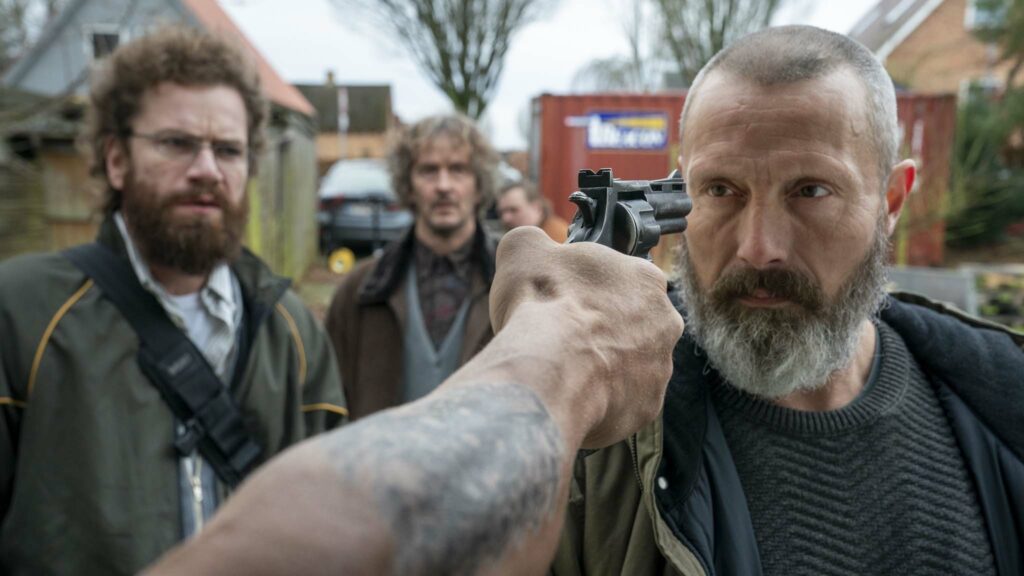 Nikolaj Lie Kaas as Otto, Lars Brygmann as Lennart, Nicolas Bro as Emmenthaler and Mads Mikkelsen as Markus in Riders Of Justice, directed by Anders Thomas Jensen. Photo: Rolf Konow. Copyright: Zentropa Production2. All Rights Reserved.