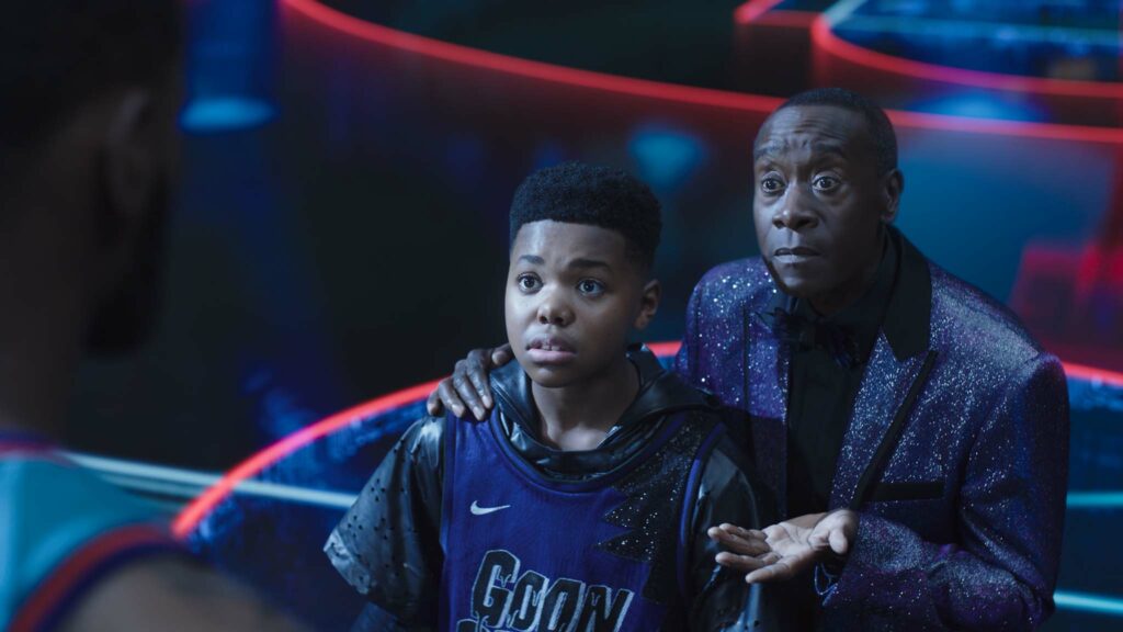 LeBron James, Cedric Joe as Dom James and Don Cheadle as Al-G Rhythm in Space Jam: A New Legacy, directed by Malcolm D Lee. Photo: courtesy of Warner Bros. Pictures. Copyright: 2021 Warner Bros. Entertainment Inc. All Rights Reserved.