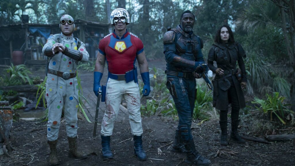 David Dastmalchian as Polka-Dot Man, John Cena as Peacemaker, Idris Elba as Bloodsport and Daniela Melchior as Ratcatcher 2 in The Suicide Squad, directed by James Gunn. Photo: Jessica Miglio. Copyright: 2019 Warner Bros. Entertainment Inc./DC Comics. All Rights Reserved.