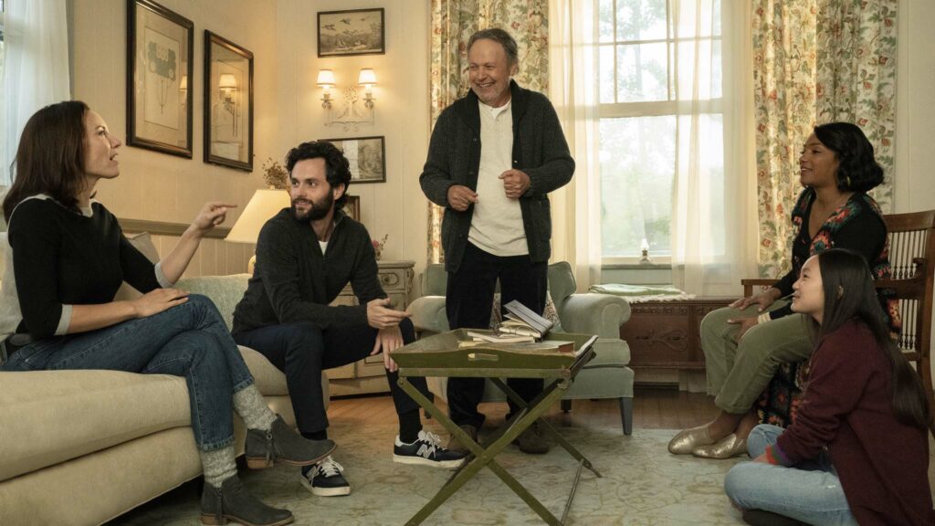 Laura Benanti as Francine Burnz, Penn Badgley as Rex Burnz, Billy Crystal as Charlie Burnz, Tiffany Haddish as Emma Payge and Audrey Hsieh as Lindsay Burnz in Here Today, directed by Billy Crystal. Photo: Cara Howe. Copyright: 2021 CTMG, Inc. All Rights Reserved.