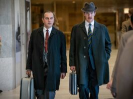 Merab Ninidze as Colonel Oleg Penkovsky and Benedict Cumberbatch as Greville Wynne in The Courier, directed by Dominic Cooke. Photo: Liam Daniel. Copyright: Lionsgate Films. All Rights Reserved.