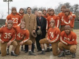 Slade Monroe as Wheatie, Levi Dylan as Fairbanks, Preston Porter as Dewitt, Jake Austin Walker as Hardy Brown, Luke Wilson as Rusty Russell, Woodrow Luttrell as Leon Pickett, Martin Sheen as Doc Hall, Sampley Barinaga as Chicken, Jacob Lofland as Snoggs, Manuel Tapia as Carlos Torres, Bailey Roberts as Miller, Austin Shook as Ray, Michael Gohlke as Crazy and Tyler Silva as AP Torres in 12 Mighty Orphans, directed by Ty Roberts. Photo: Laura Wilson. Copyright: Santa Rita Film Co./Sony Pictures Classics. All Rights Reserved.