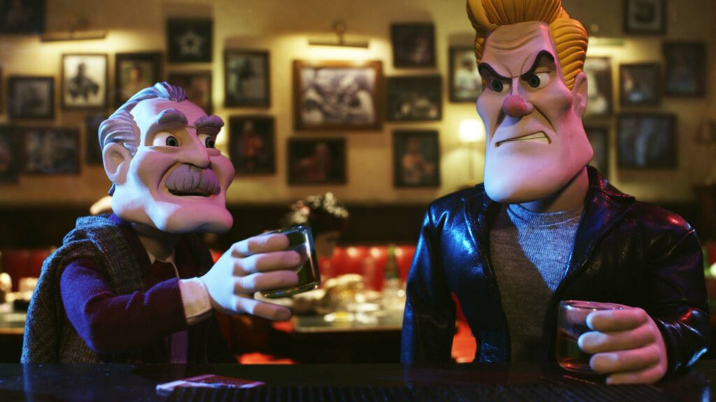 Van Rental (voiced by Mike Mort) and Chuck Steel (also voiced by Mort) in Chuck Steel: Night Of The Trampires, directed by Mike Mort. Copyright: Animortal Studios. All Rights Reserved.