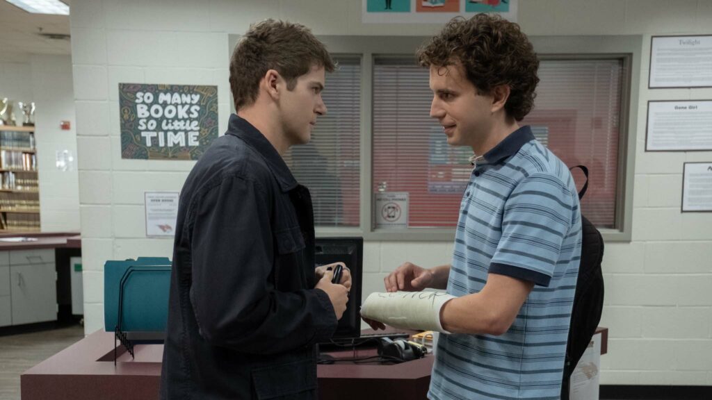 Colton Ryan as Connor Murphy and Ben Platt as Evan Hansen in Dear Evan Hansen, directed by Stephen Chbosky. Photo: Erika Doss. Copyright: 2021 Universal Studios. All Rights Reserved.