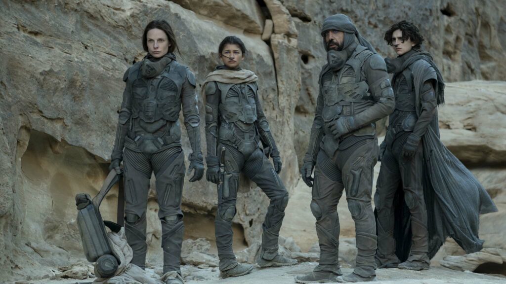 Rebecca Ferguson as Lady Jessica Atreides, Zendaya as Chani, Javier Bardem as Stilgar and Timothee Chalamet as Paul Atreid in Dune, directed by Denis Villeneuve. Photo: Chiabella James. Copyright: 2019 Warner Bros. Entertainment Inc. All Rights Reserved.