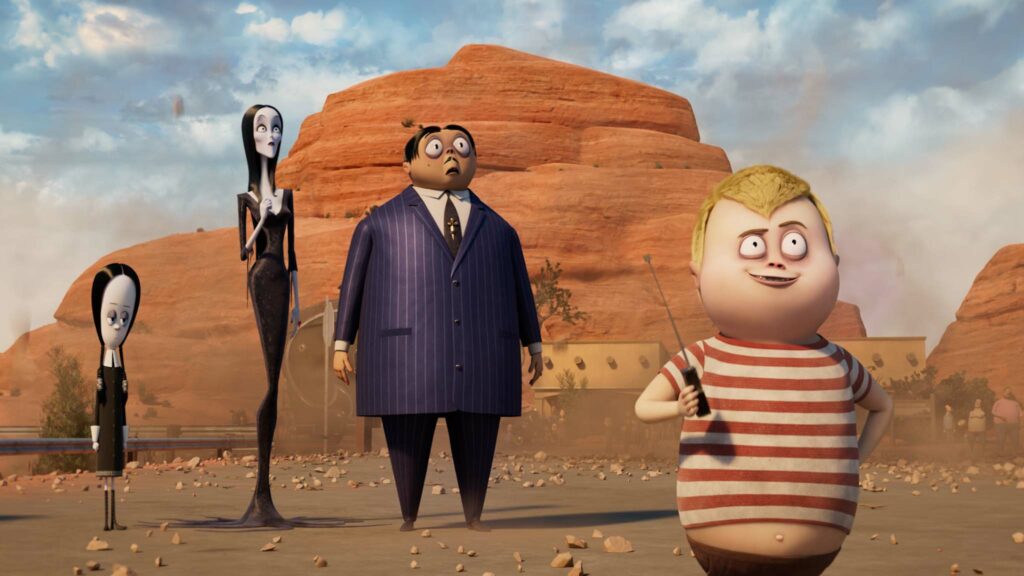 Wednesday Addams (voiced by Chloe Grace Moretz), Morticia Addams (Charlize Theron), Gomez Addams (Oscar Isaac) and Pugsley Addams (Javon Walton) in The Addams Family 2, directed by Greg Tiernan and Conrad Vernon. Copyright: 2021 Metro-Goldwyn-Mayer Pictures Inc. All Rights Reserved.