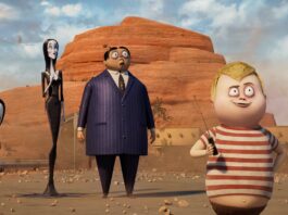 Wednesday Addams (voiced by Chloe Grace Moretz), Morticia Addams (Charlize Theron), Gomez Addams (Oscar Isaac) and Pugsley Addams (Javon Walton) in The Addams Family 2, directed by Greg Tiernan and Conrad Vernon. Copyright: 2021 Metro-Goldwyn-Mayer Pictures Inc. All Rights Reserved.