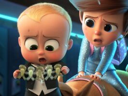 The Boss Baby/Ted Templeton (voiced by Alec Baldwin) and young Tim Templeton (James Marsden) in The Boss Baby 2: Family Business, directed by Tom McGrath. Copyright: 2020 DreamWorks Animation LLC. All Rights Reserved.