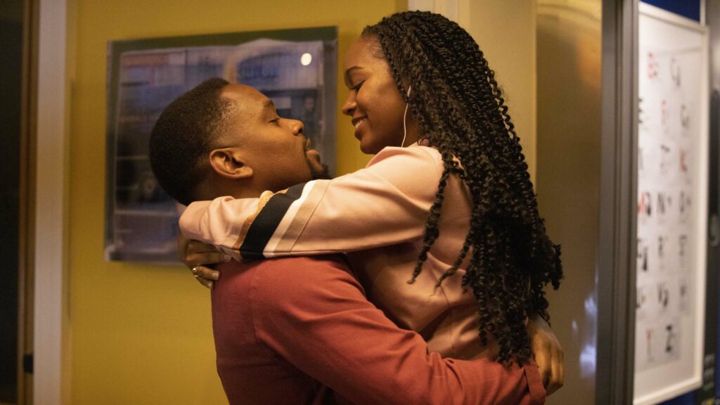 Aml Ameen as Melvin and Aja Naomi King as Lisa in Boxing Day, directed by Aml Ameen. Photo: Rekha Garton. Copyright: Warner Bros. Entertainment. All Rights Reserved.