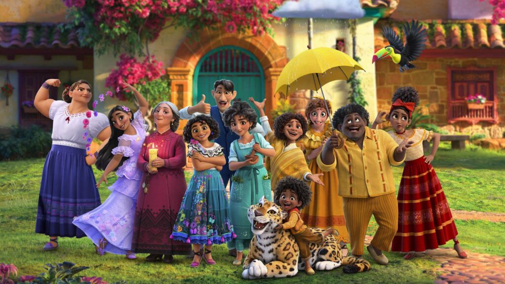 Luisa (voiced by Jessica Darrow), Isabela (Diane Guererro), Abuela Alma (Maria Cecilia Botero), Mirabel (Stephanie Beatriz), Agustin (Wilmer Valderrama), Julieta (Angie Cepeda), Camilo (Rhenzy Feliz), Antonio (Ravi Cabot-Conyers), Pepa (Carolina Gaitan), Felix (Mauro Castillo) and Dolores (Adassa Candiani) in Encanto, directed by Byron Howard, Jared Bush and Charise Castro Smith. Copyright: 2021 Disney. All Rights Reserved.