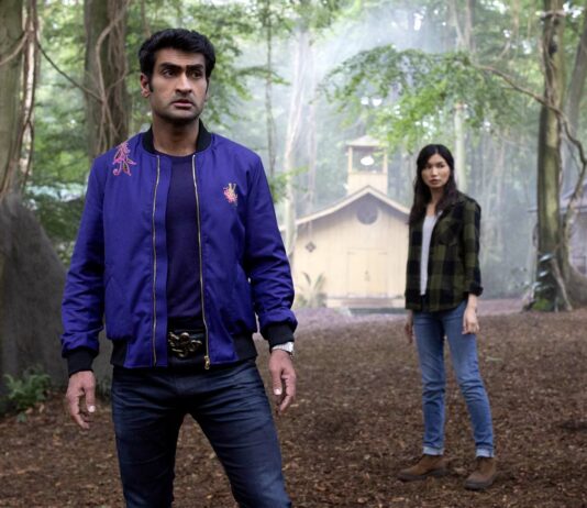 Kumail Nanjiani as Kingo, Gemma Chan as Sersi and Lia McHugh as Sprite in Marvel Studios' Eternals, directed by Chloe Zhao. Photo: Sophie Mutevelian. Copyright: 2021 Marvel Studios. All Rights Reserved.