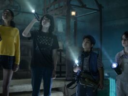 Celeste O'Connor as Lucky, Finn Wolfhard as Trevor, Logan Kim as Podcast and McKenna Grace as Phoebe in Ghostbusters: Afterlife, directed by Jason Reitman. Photo: Kimberley French. Copyright: 2021 CTMG, Inc. All Rights Reserved.