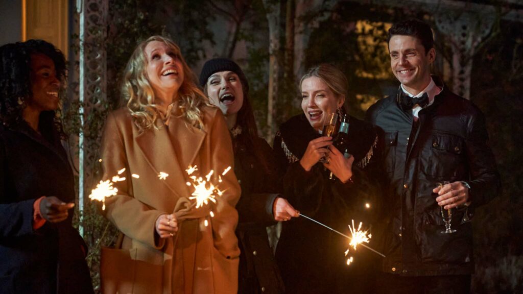 Kirby Howell-Baptiste as Alex, Lucy Punch as Bella, Keira Knightley as Nell, Annabelle Wallis as Sandra and Matthew Goode as Simon in Silent Night, directed by Camille Griffin. Photo: Robert Viglasky. Copyright: Altitude Film Distribution. All Rights Reserved.