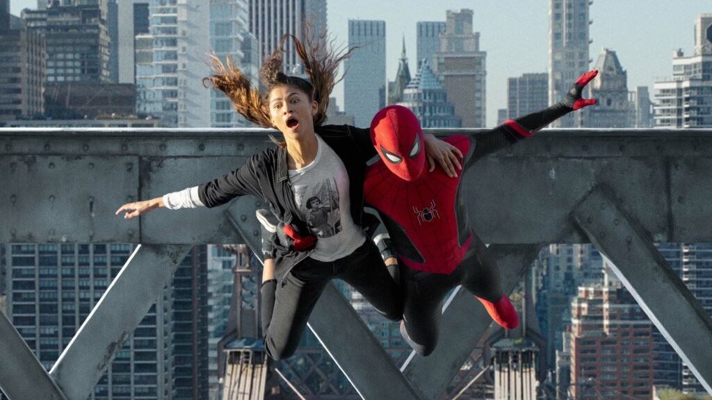 Zendaya as MJ and Tom Holland as Spider-Man in Spider-Man: No Way Home, directed by Jon Watts. Photo: Matt Kennedy. Copyright: 2021 CTMG, Inc./Marvel. All Rights Reserved.