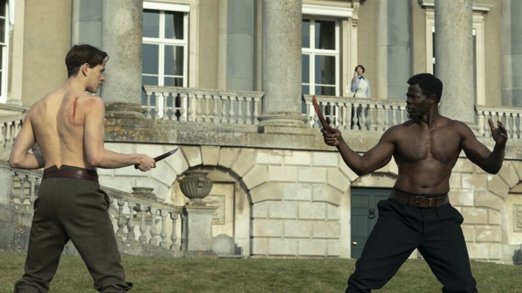 Harris Dickinson as Conrad, Djimon Hounsou as Shola and Gemma Arterton as Polly in The King’s Man, directed by Matthew Vaughn. Photo: Peter Mountain. Copyright: 2020 Twentieth Century Fox Film Corporation. All Rights Reserved.